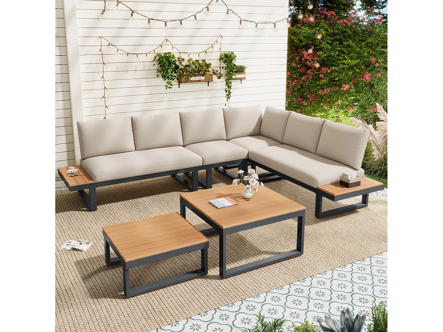 Ensemble de mobilier de jardin - 252 x 195 x 76 cm - avec canapé inclinable + 2 tables basses - Polyester + métal - beige + noir