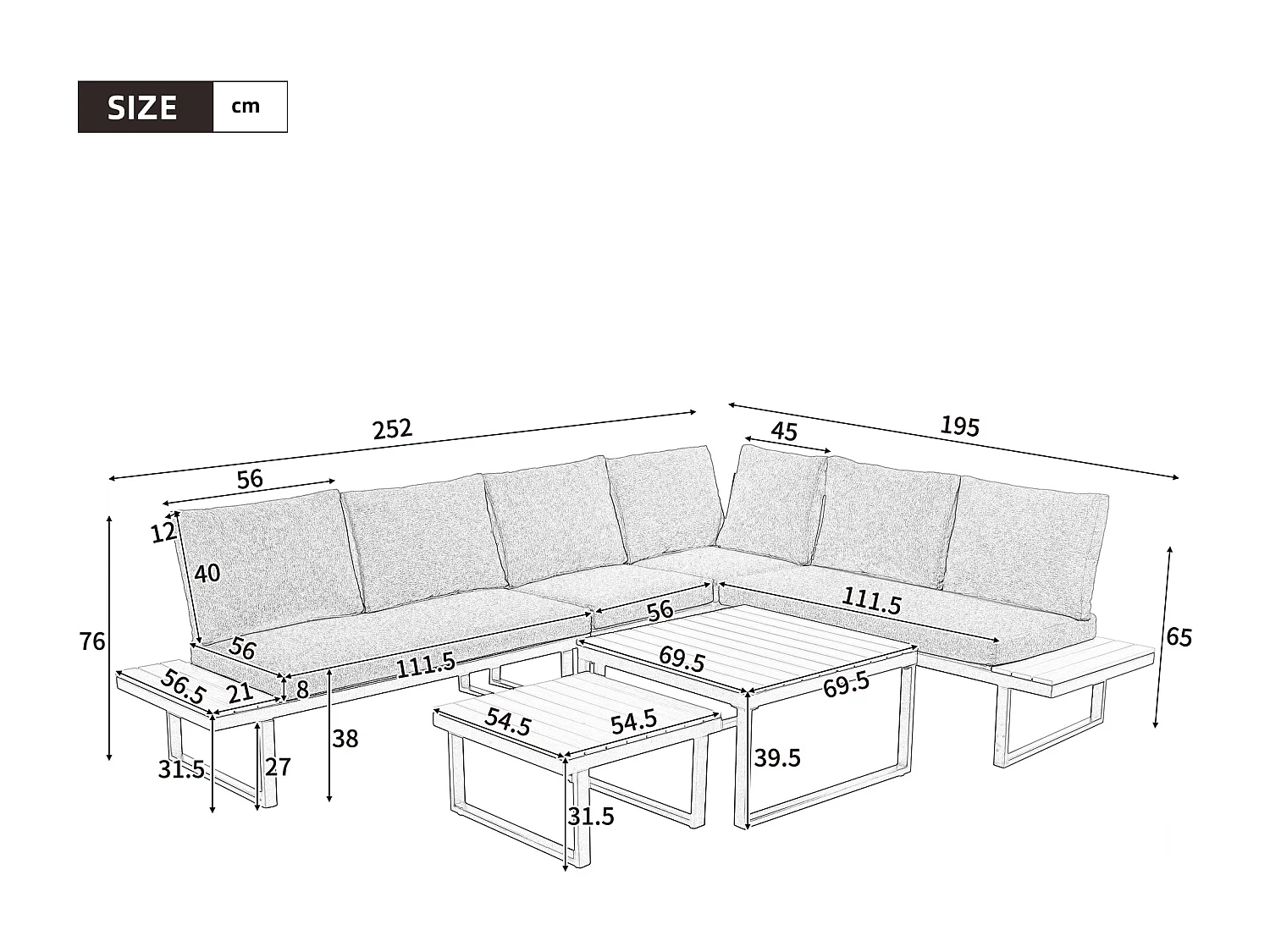 Ensemble de mobilier de jardin - 252 x 195 x 76 cm - avec canapé inclinable + 2 tables basses - Polyester + métal - beige + noir