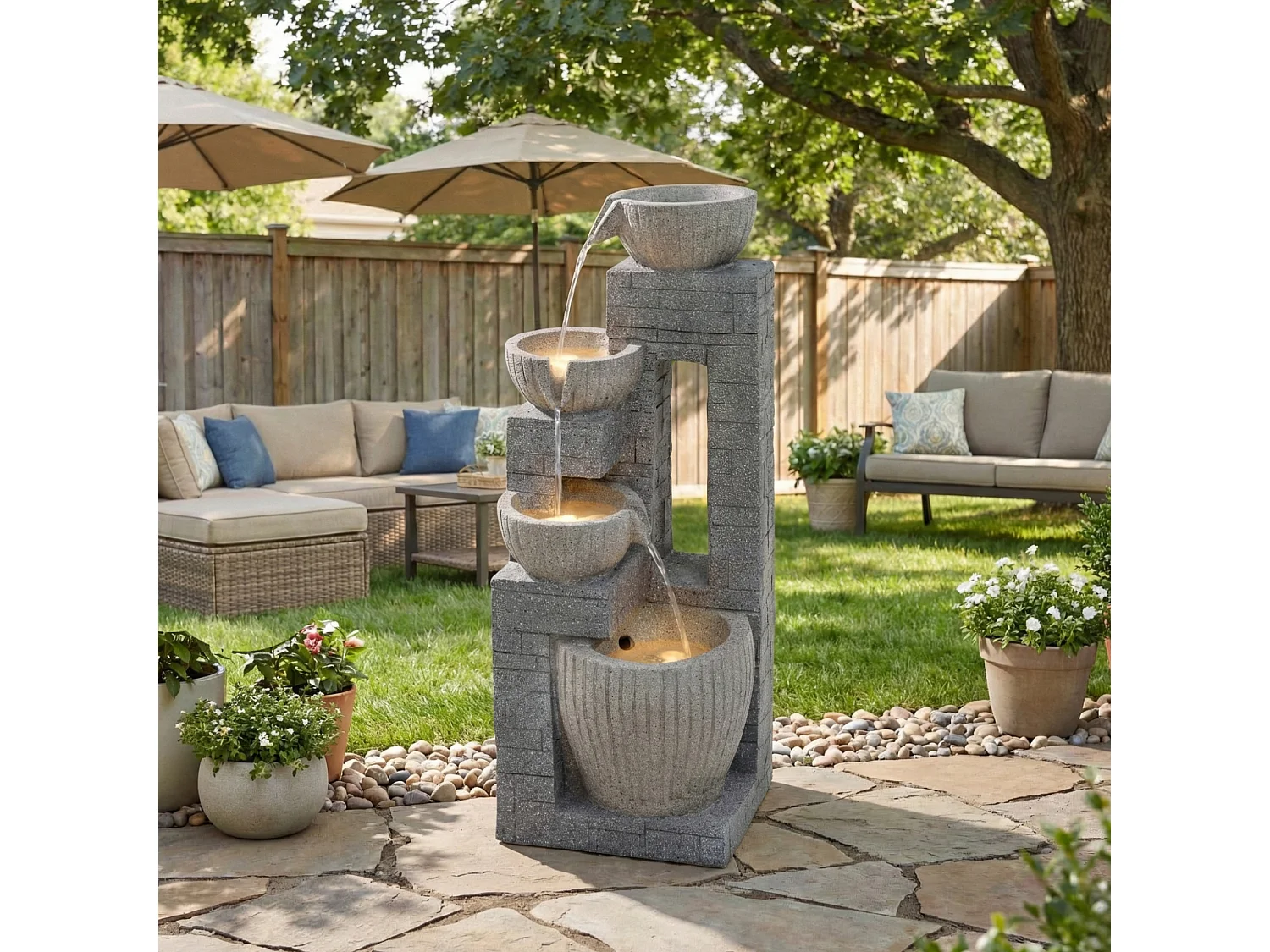 Fontaine de jardin pour terrasse/balcon/pelouse - 31.5 x 29 x 80 cm - avec Leds - Résine - gris