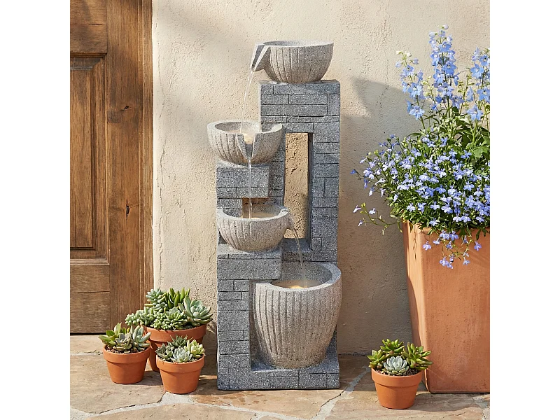 Fontaine de jardin pour terrasse/balcon/pelouse - 31.5 x 29 x 80 cm - avec Leds - Résine - gris