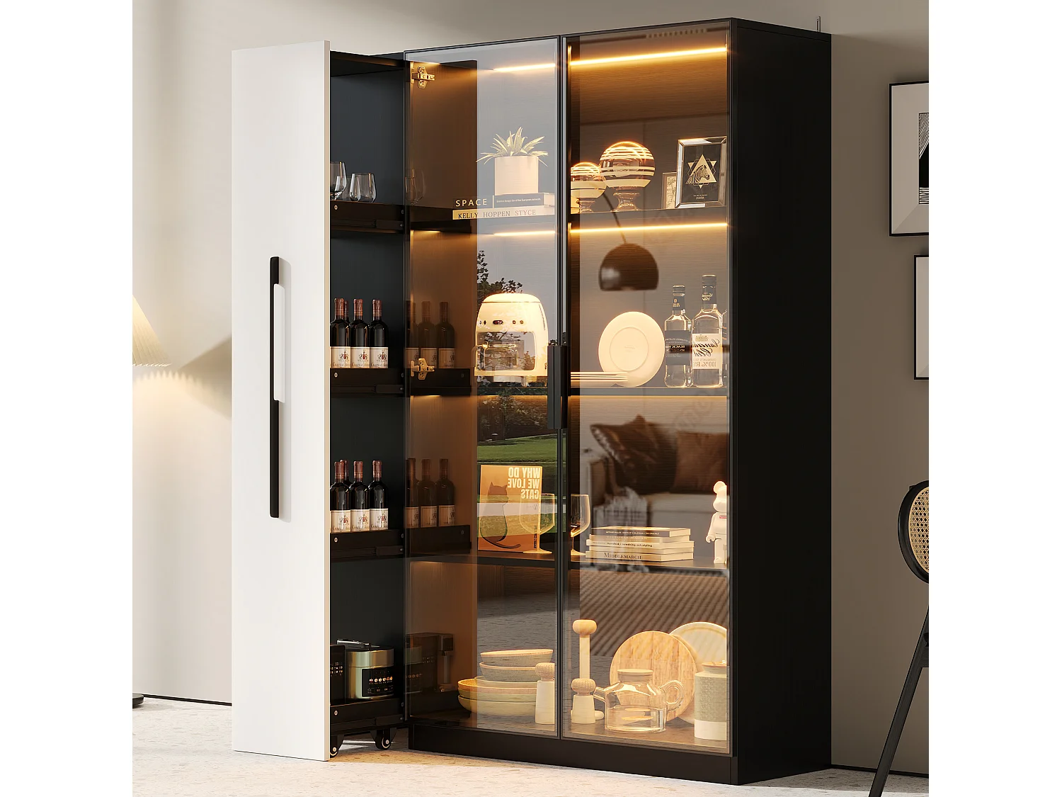 Vitrine avec porte vitrée et Leds - 110.5 x 35 x 160 cm - avec bibliothèque latéral coulissant - MDF - noir