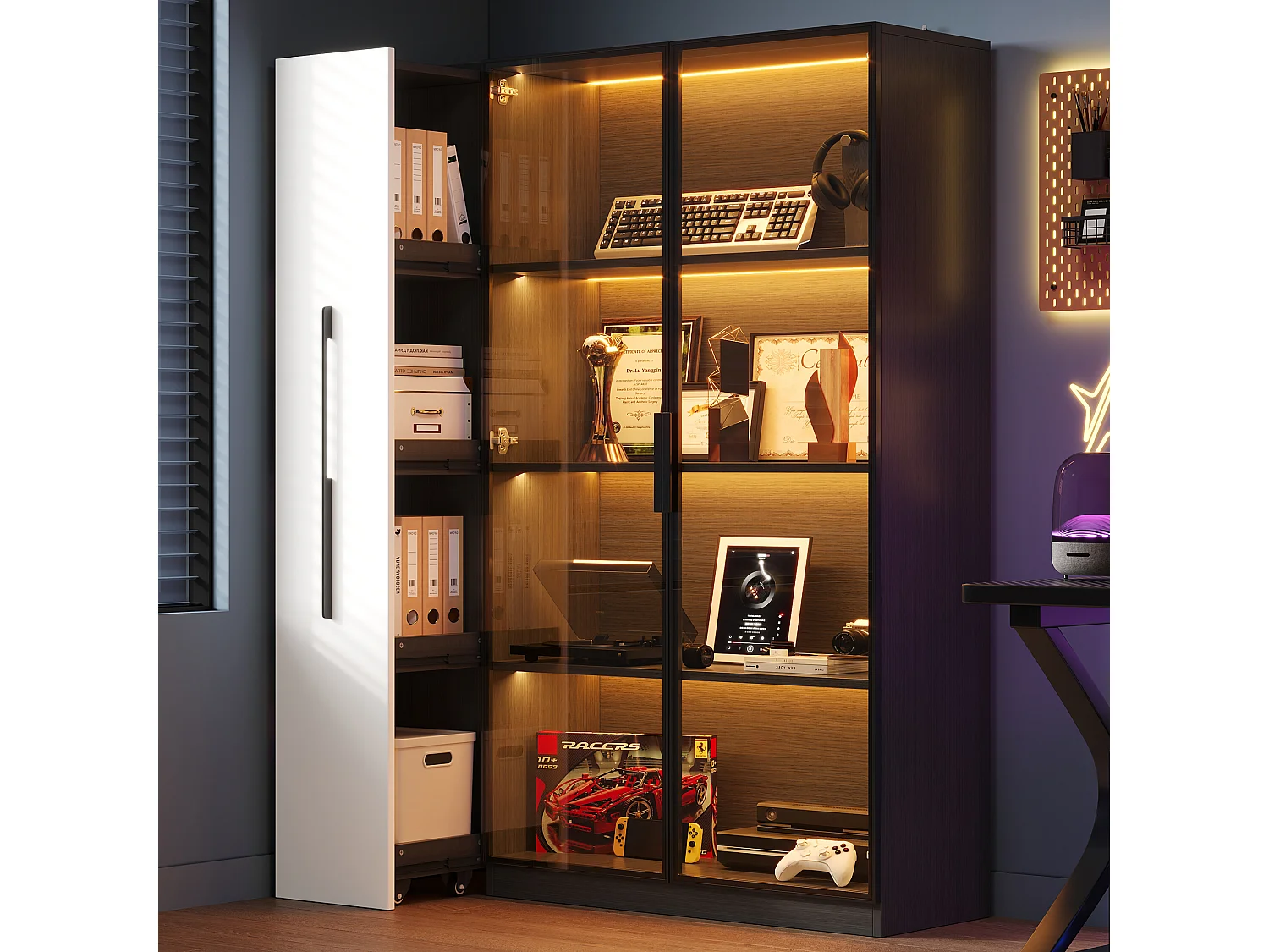 Vitrine avec porte vitrée et Leds - 110.5 x 35 x 160 cm - avec bibliothèque latéral coulissant - MDF - noir