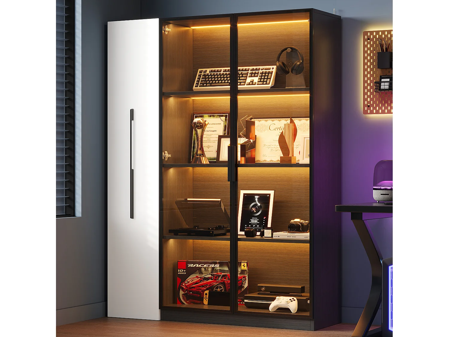 Vitrine avec porte vitrée et Leds - 110.5 x 35 x 160 cm - avec bibliothèque latéral coulissant - MDF - noir