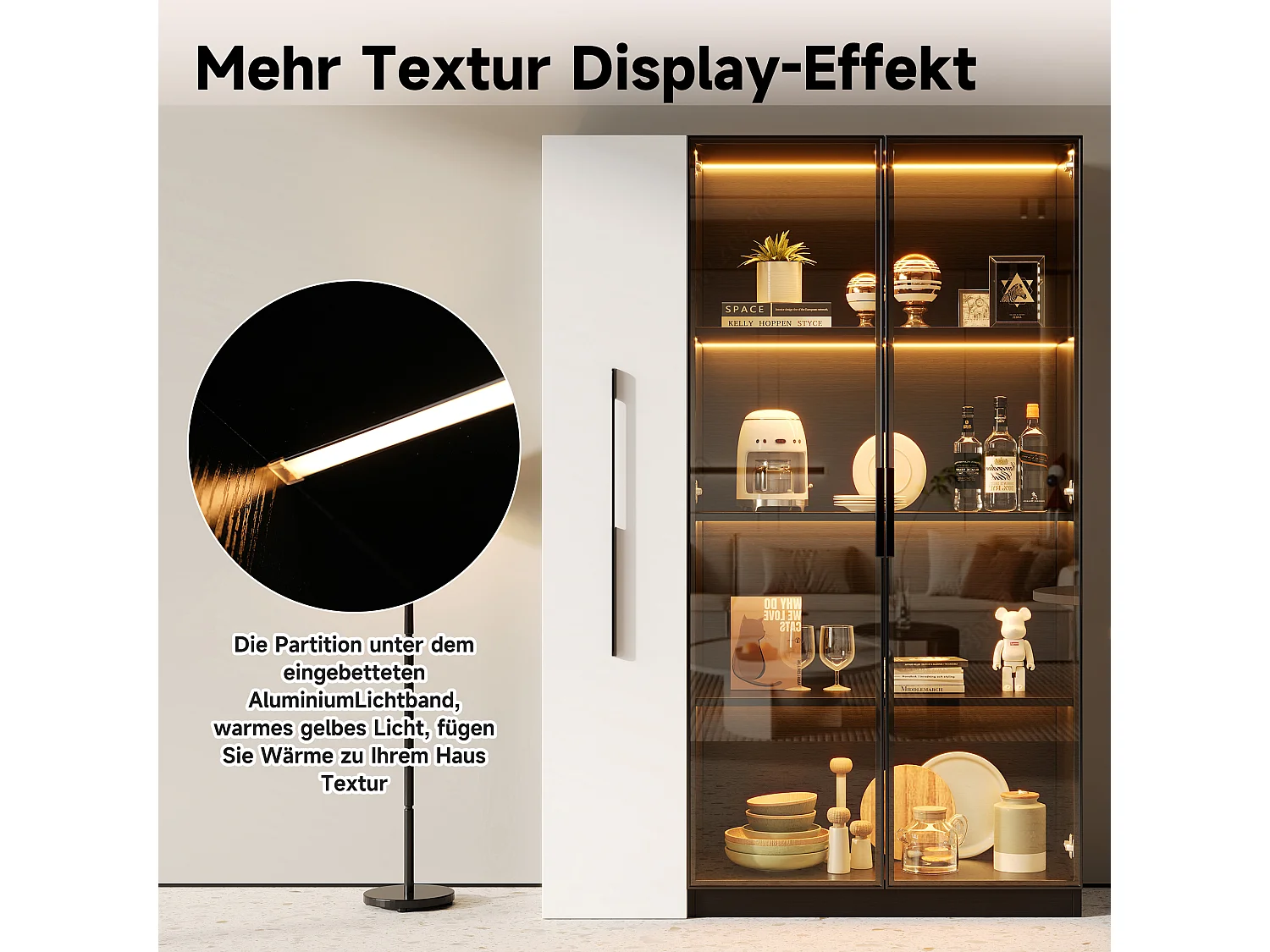 Vitrine avec porte vitrée et Leds - 110.5 x 35 x 160 cm - avec bibliothèque latéral coulissant - MDF - noir