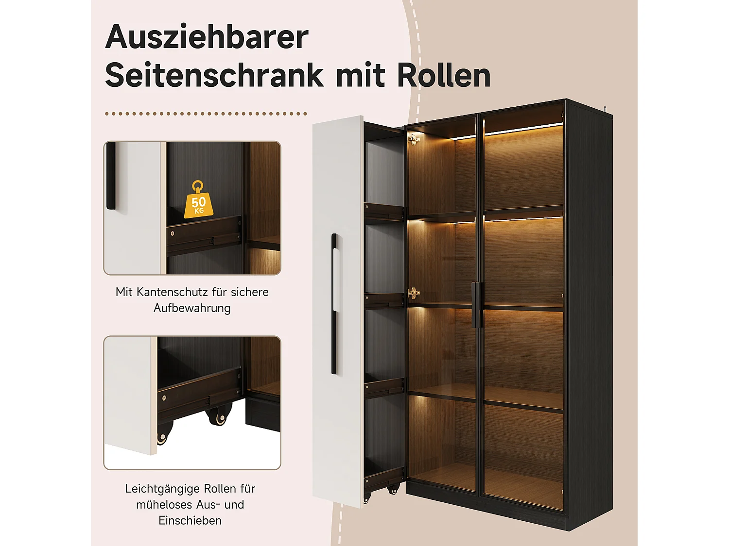 Vitrine avec porte vitrée et Leds - 110.5 x 35 x 160 cm - avec bibliothèque latéral coulissant - MDF - noir