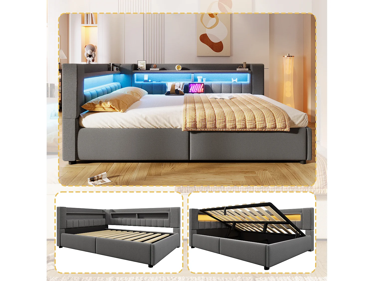 Hydraulisch opbergbare slaapbank voor kinderen - 140 x 200 cm - met USB + Type-C + LED's + opbergruimte - linnen - grijs