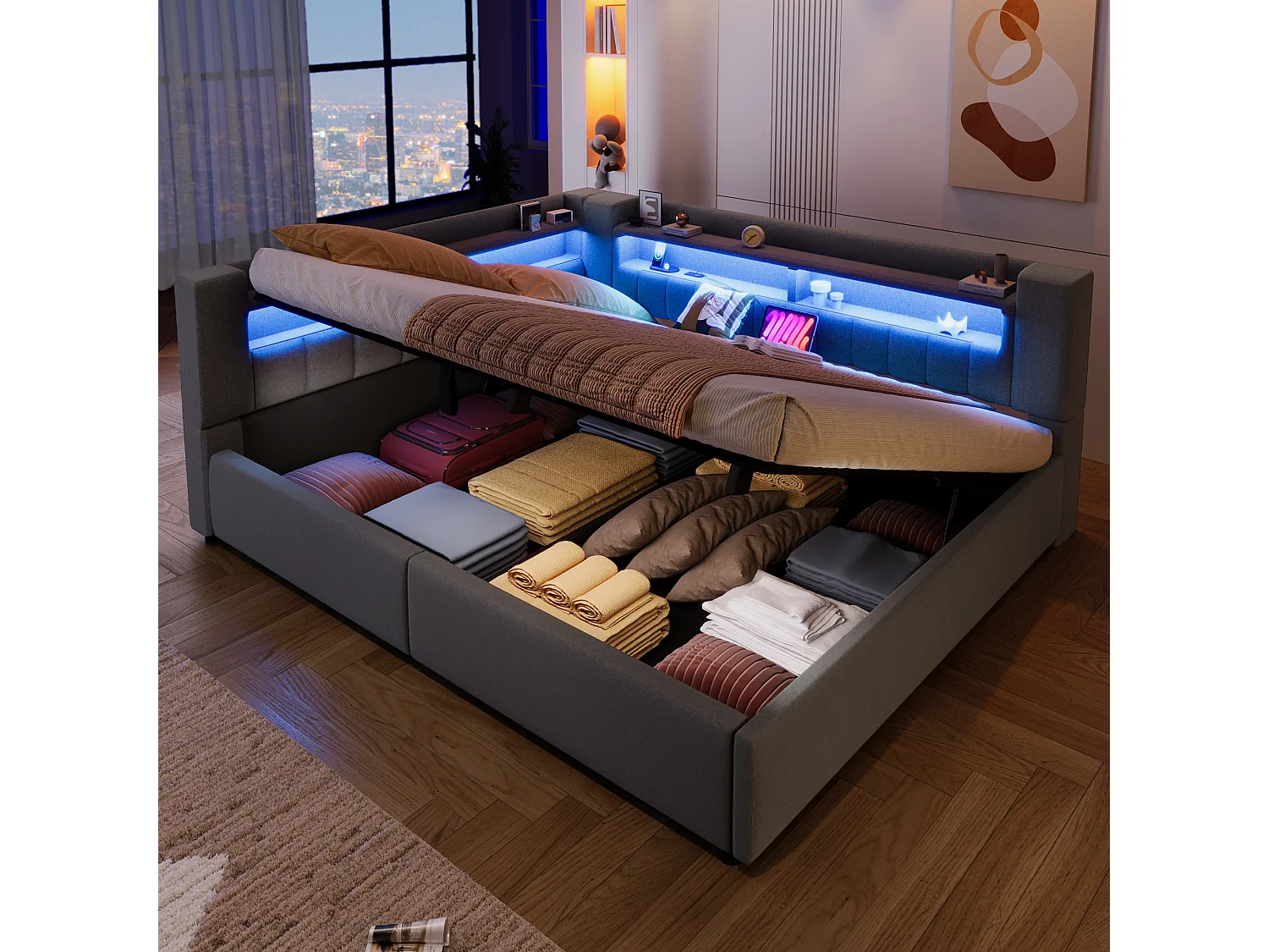 Hydraulisch opbergbare slaapbank voor kinderen - 140 x 200 cm - met USB + Type-C + LED's + opbergruimte - linnen - grijs