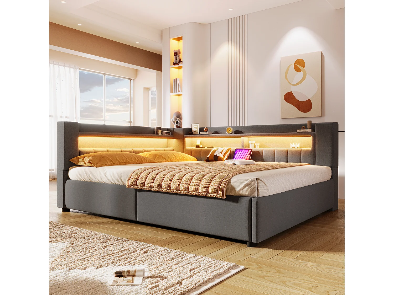 Hydraulisch opbergbare slaapbank voor kinderen - 140 x 200 cm - met USB + Type-C + LED's + opbergruimte - linnen - grijs