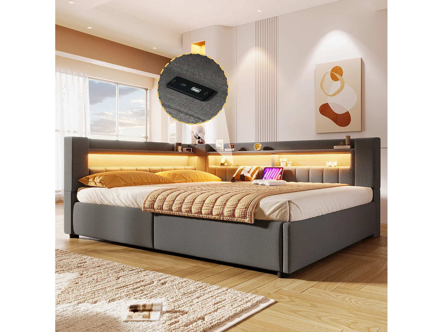 Hydraulisch opbergbare slaapbank voor kinderen - 140 x 200 cm - met USB + Type-C + LED's + opbergruimte - linnen - grijs