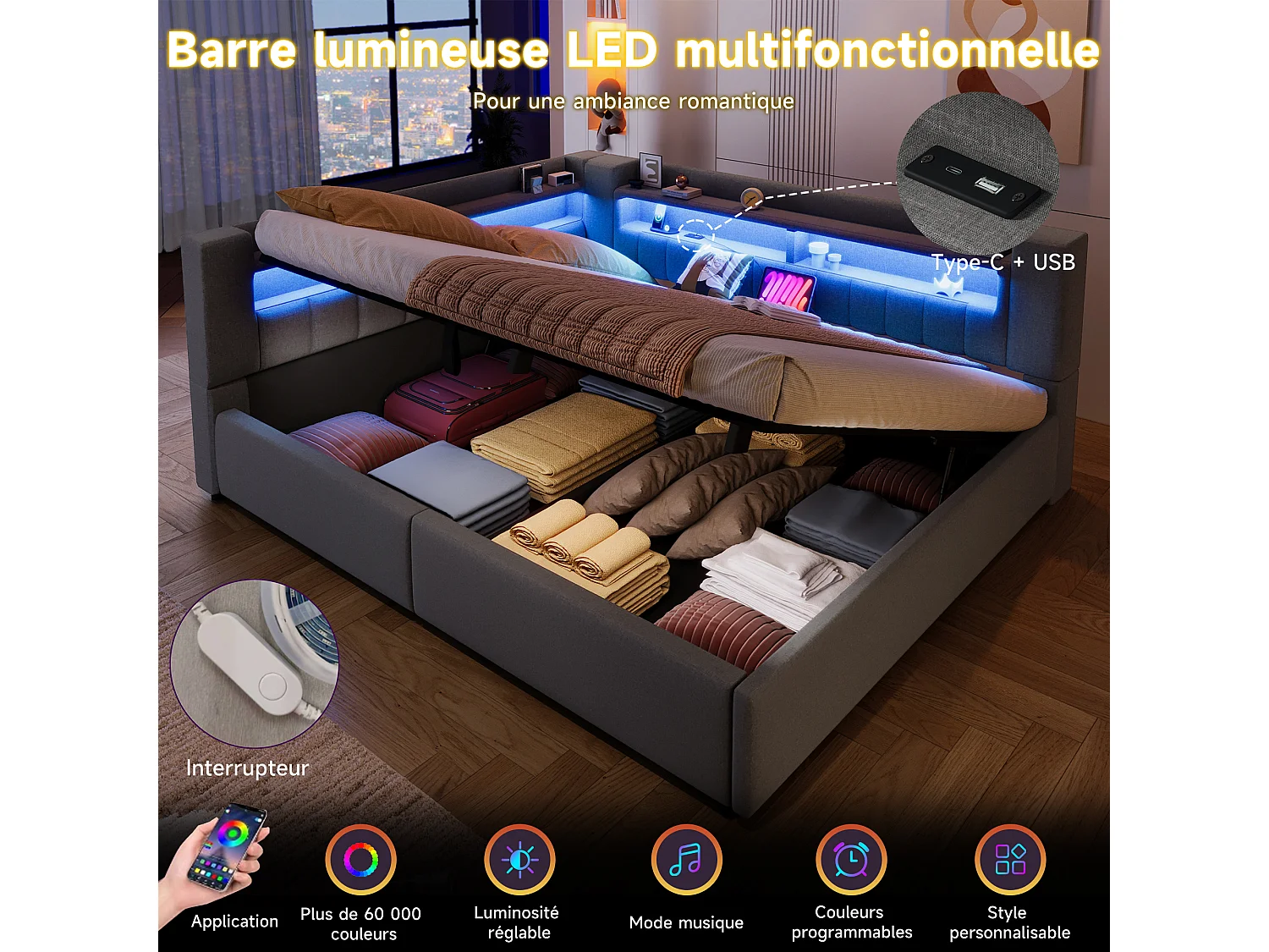 Hydraulisch opbergbare slaapbank voor kinderen - 140 x 200 cm - met USB + Type-C + LED's + opbergruimte - linnen - grijs