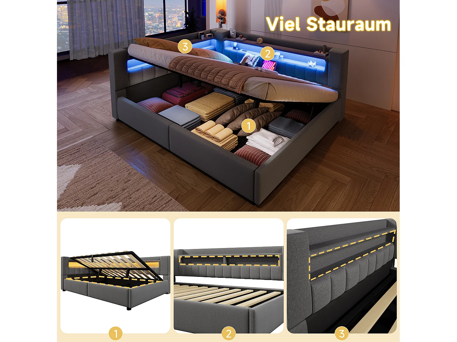 Hydraulisch opbergbare slaapbank voor kinderen - 140 x 200 cm - met USB + Type-C + LED's + opbergruimte - linnen - grijs