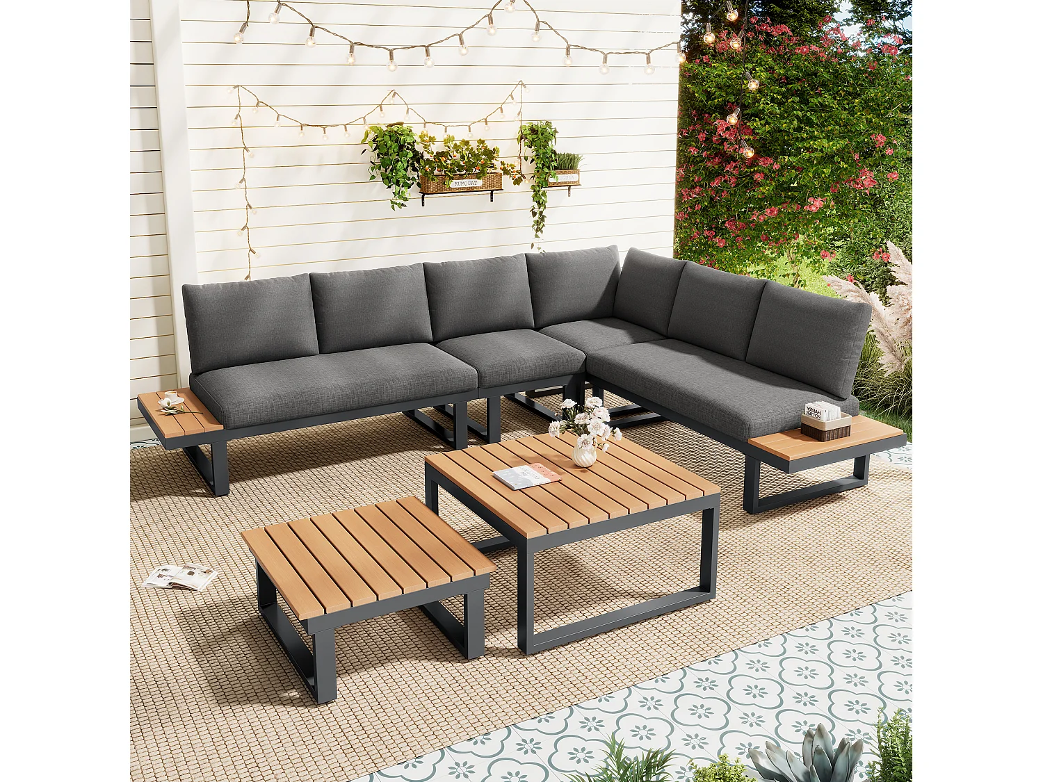 Ensemble de mobilier de jardin - 252 x 195 x 76 cm - avec canapé inclinable + 2 tables basses - Polyester + métal - noir + gris