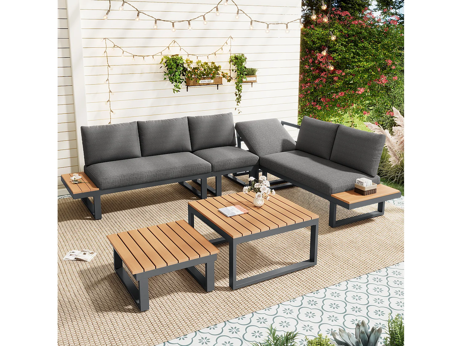 Ensemble de mobilier de jardin - 252 x 195 x 76 cm - avec canapé inclinable + 2 tables basses - Polyester + métal - noir + gris