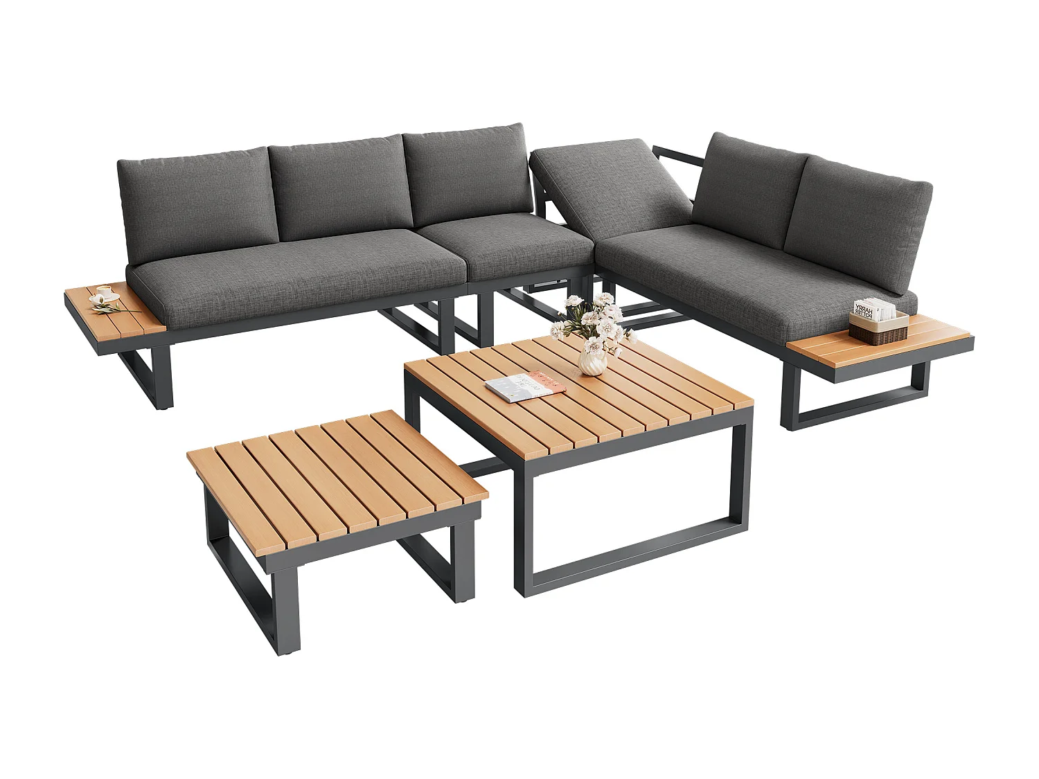 Ensemble de mobilier de jardin - 252 x 195 x 76 cm - avec canapé inclinable + 2 tables basses - Polyester + métal - noir + gris