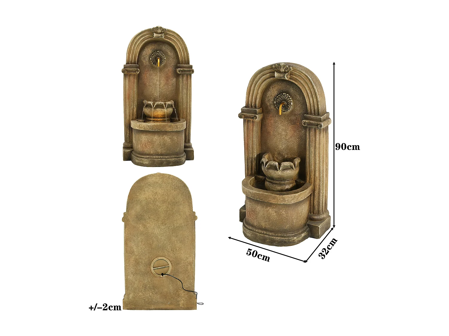 Fontaine de jardin décorative sur pied - 50 x 32 x 90 cm - style antique - pour jardin/bassin/terrasse/balcon - Résine - marron