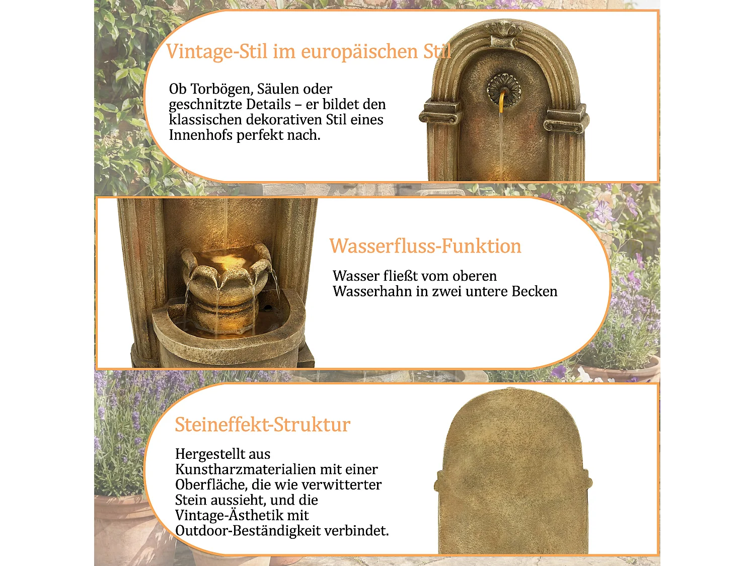 Fontaine de jardin décorative sur pied - 50 x 32 x 90 cm - style antique - pour jardin/bassin/terrasse/balcon - Résine - marron