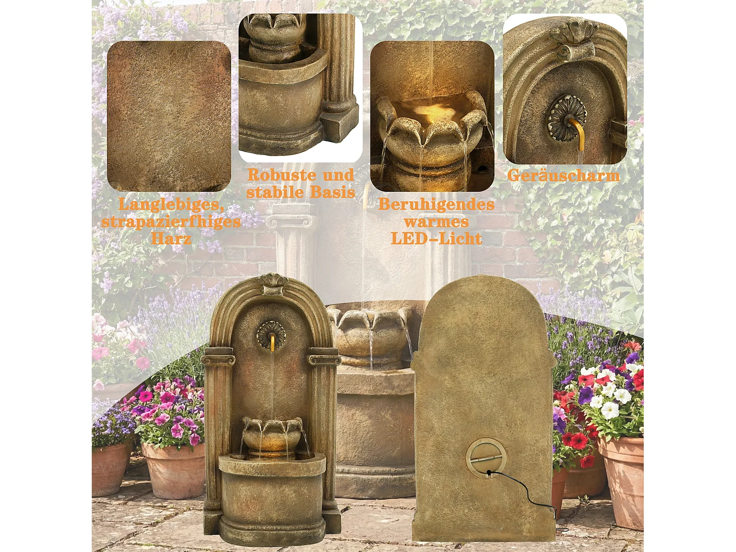 Fontaine de jardin décorative sur pied - 50 x 32 x 90 cm - style antique - pour jardin/bassin/terrasse/balcon - Résine - marron