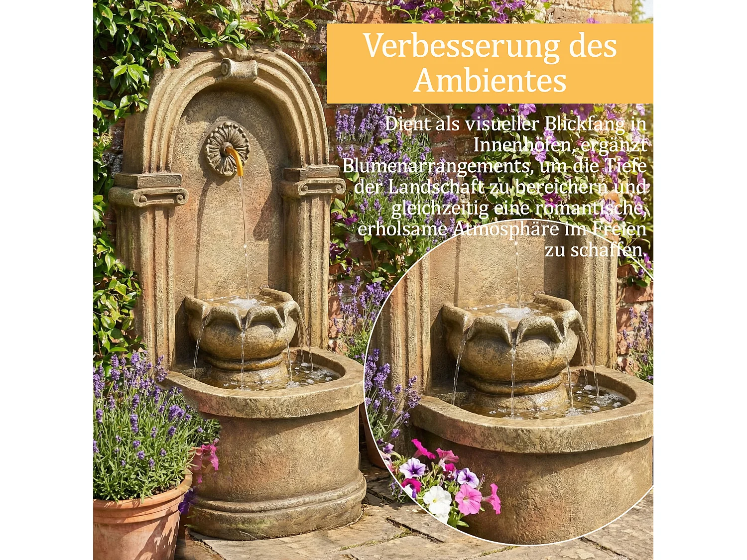 Fontaine de jardin décorative sur pied - 50 x 32 x 90 cm - style antique - pour jardin/bassin/terrasse/balcon - Résine - marron