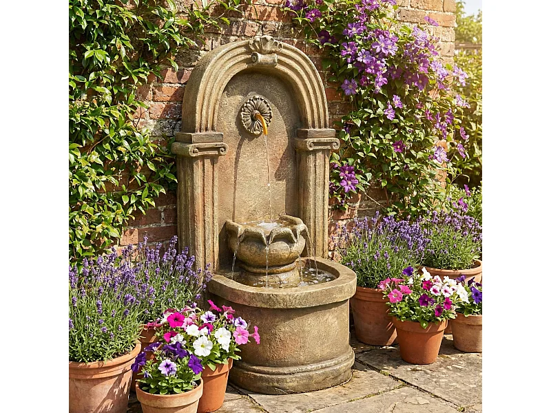 Fontaine de jardin décorative sur pied - 50 x 32 x 90 cm - style antique - pour jardin/bassin/terrasse/balcon - Résine - marron