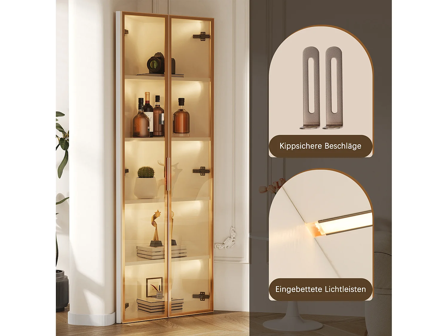 Elegante vitrina esquinera - 62 x 35 x 160 cm - con LEDs + puerta - de cristal templado - MDF - blanco