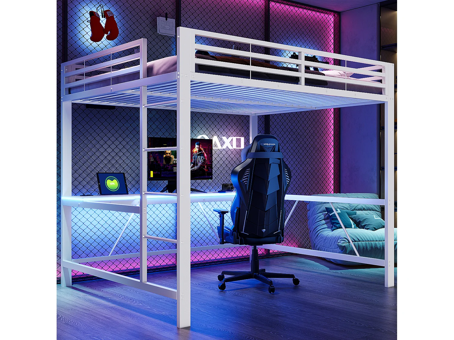 Lit mezzanine gaming en métal pour enfant - 160 x 200 cm - avec Leds + USB + bureau - blanc