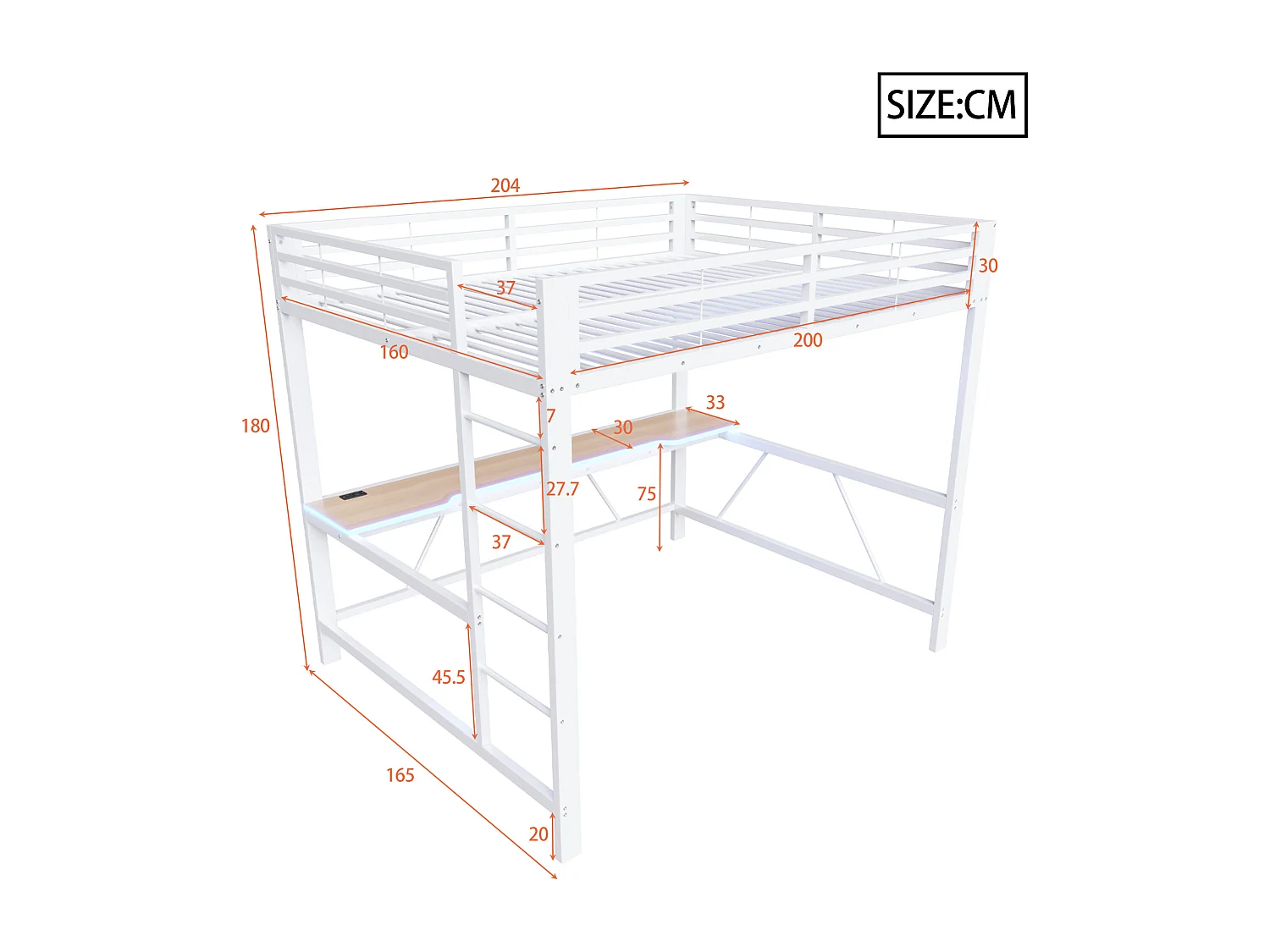 Lit mezzanine gaming en métal pour enfant - 160 x 200 cm - avec Leds + USB + bureau - blanc