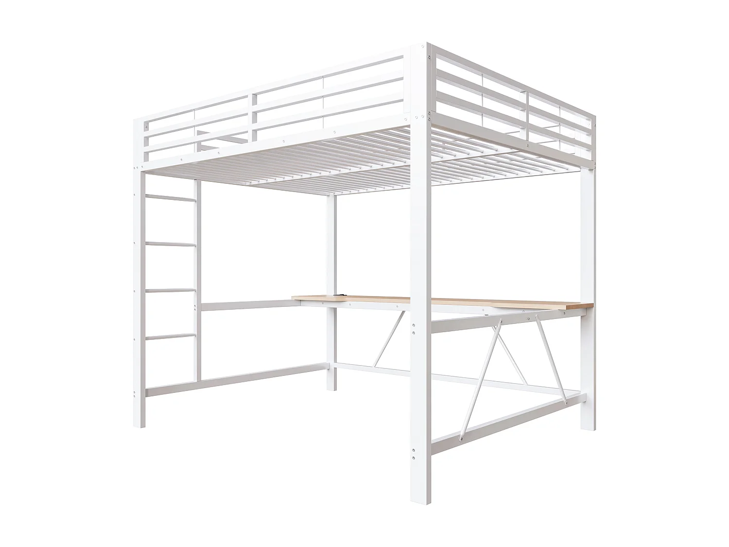 Lit mezzanine gaming en métal pour enfant - 160 x 200 cm - avec Leds + USB + bureau - blanc