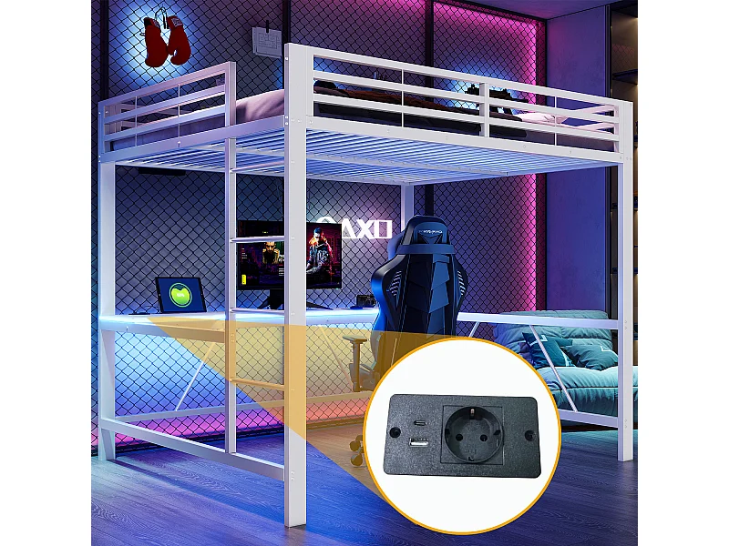 Lit mezzanine gaming en métal pour enfant - 160 x 200 cm - avec Leds + USB + bureau - blanc