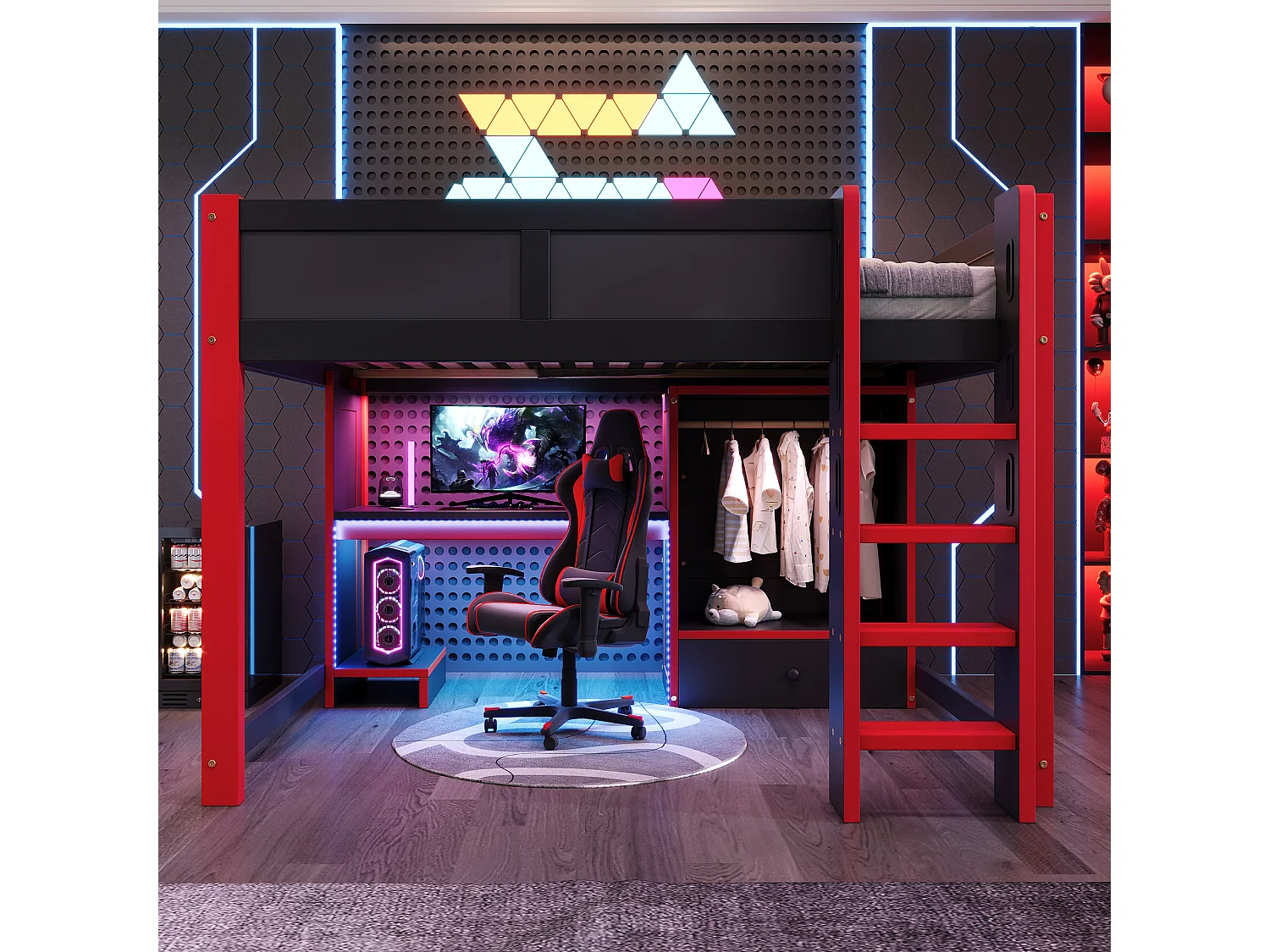 Lit mezzanine pour enfant - 140 x 200 cm - avec Leds + bureau + échelle + armoire + tiroir - bois - noir + rouge