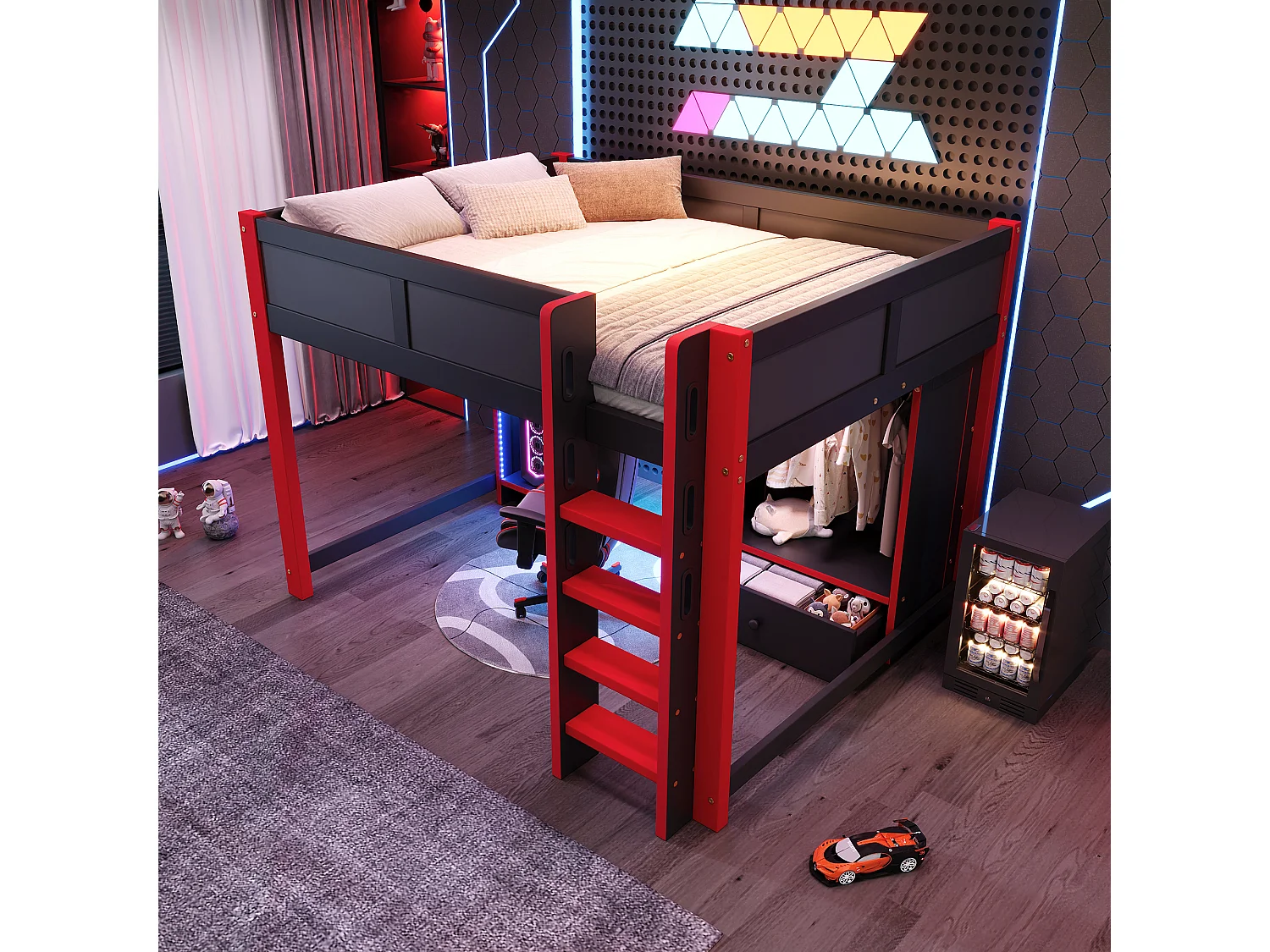 Lit mezzanine pour enfant - 140 x 200 cm - avec Leds + bureau + échelle + armoire + tiroir - bois - noir + rouge