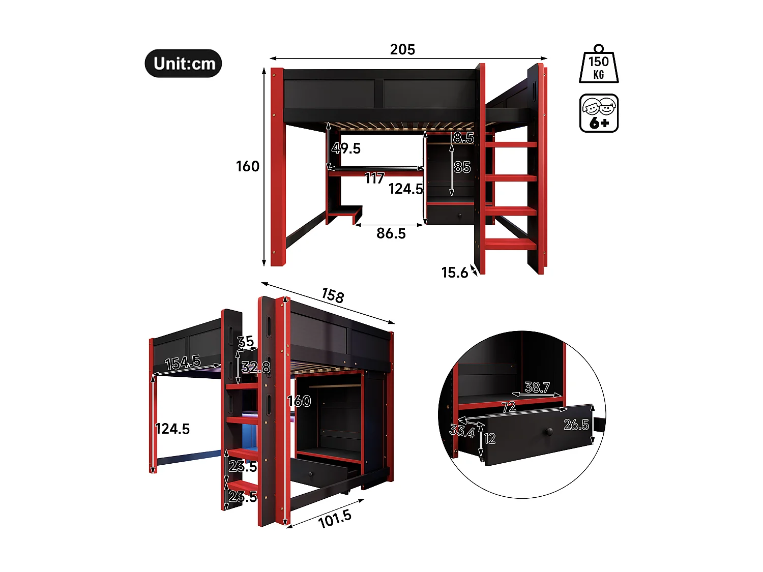 Lit mezzanine pour enfant - 140 x 200 cm - avec Leds + bureau + échelle + armoire + tiroir - bois - noir + rouge
