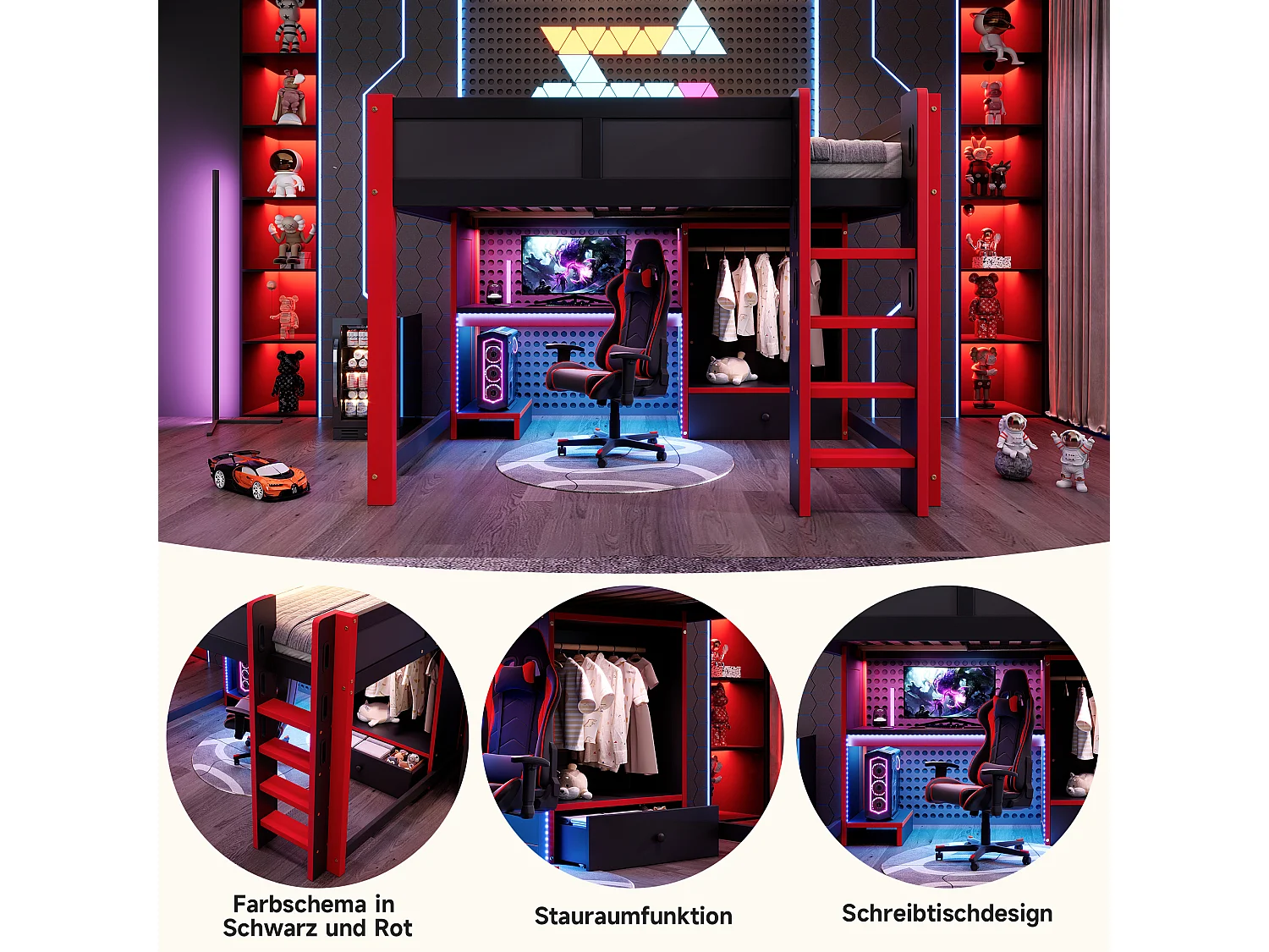 Lit mezzanine pour enfant - 140 x 200 cm - avec Leds + bureau + échelle + armoire + tiroir - bois - noir + rouge