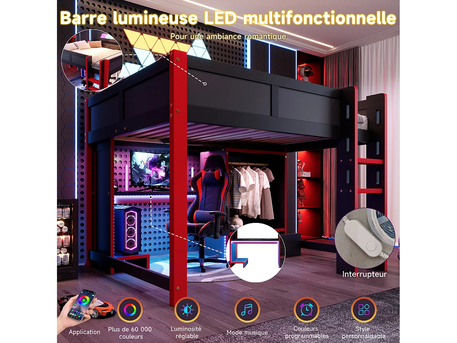 Lit mezzanine pour enfant - 140 x 200 cm - avec Leds + bureau + échelle + armoire + tiroir - bois - noir + rouge