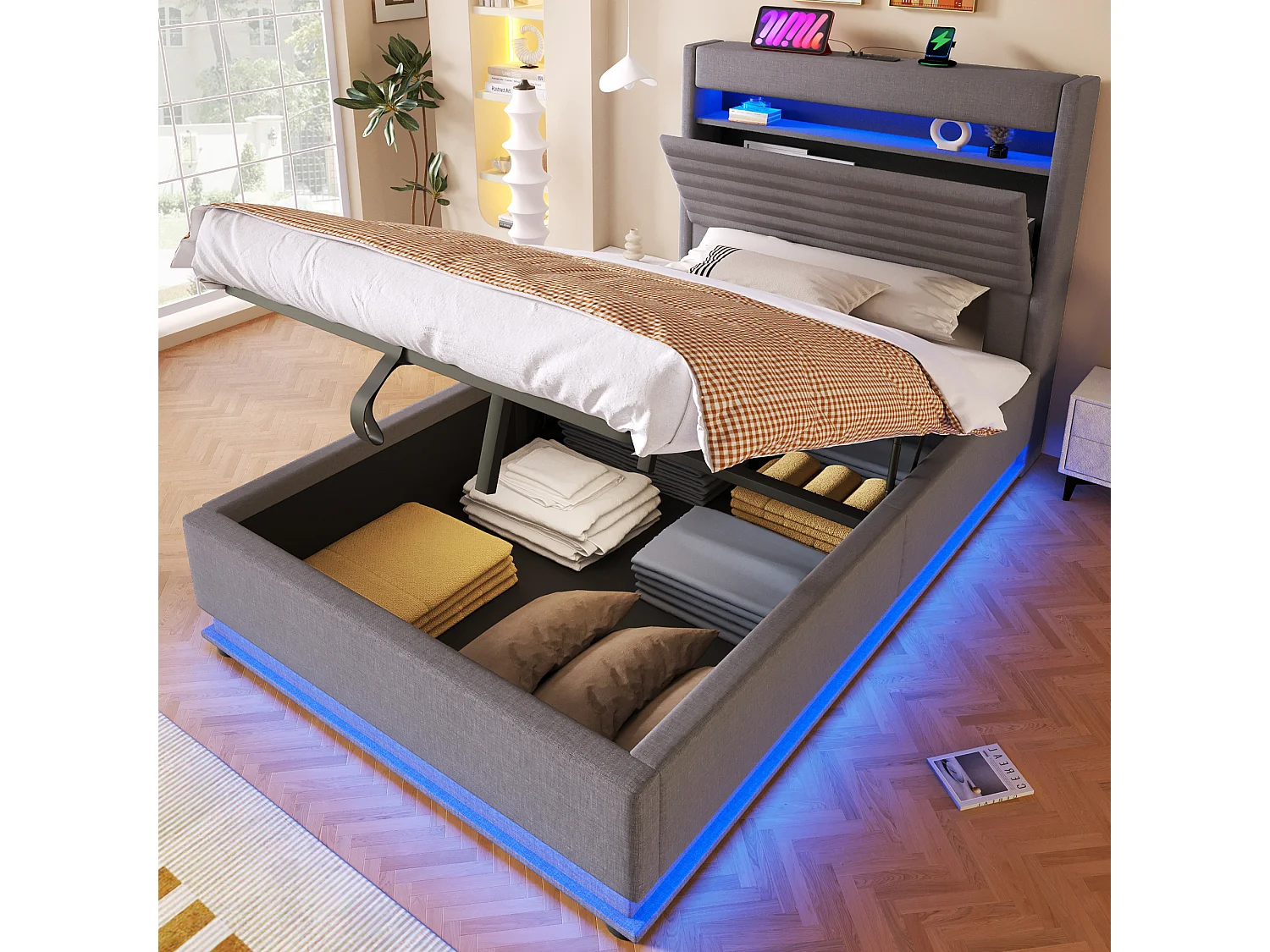 Lit coffre capitonné - 90 x 200 cm - avec USB + Leds + suspension hydraulique + tête de lit de rangement rabattable - lin - gris