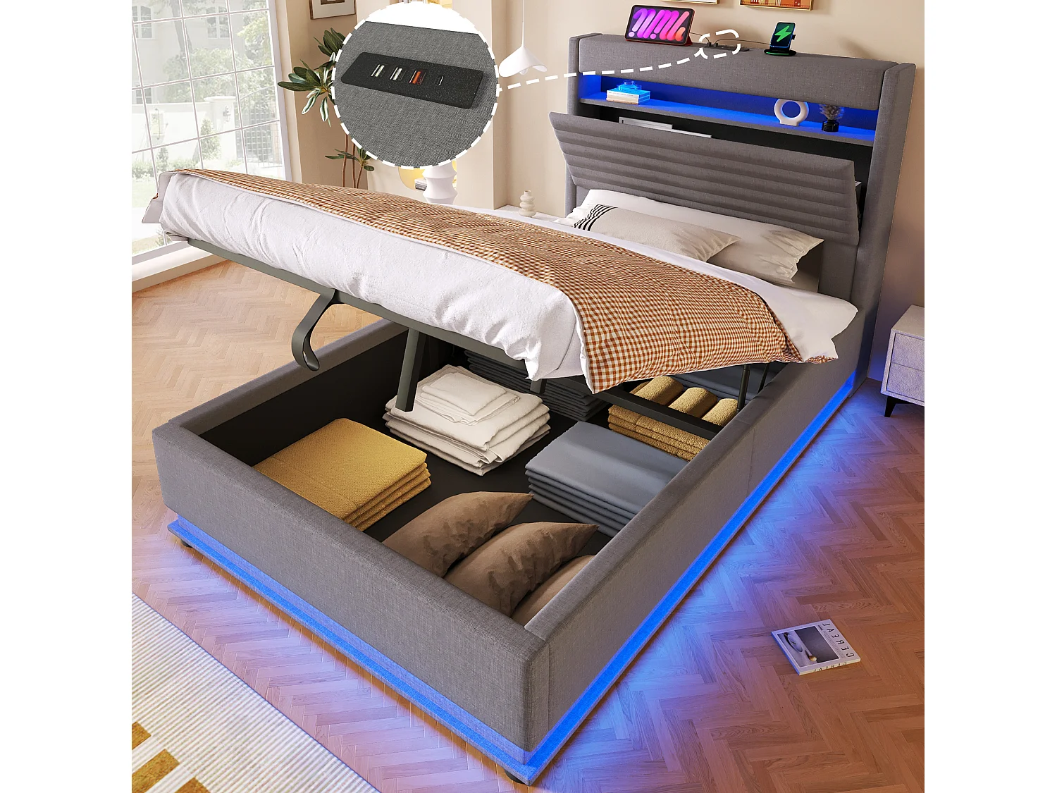 Lit coffre capitonné - 90 x 200 cm - avec USB + Leds + suspension hydraulique + tête de lit de rangement rabattable - lin - gris