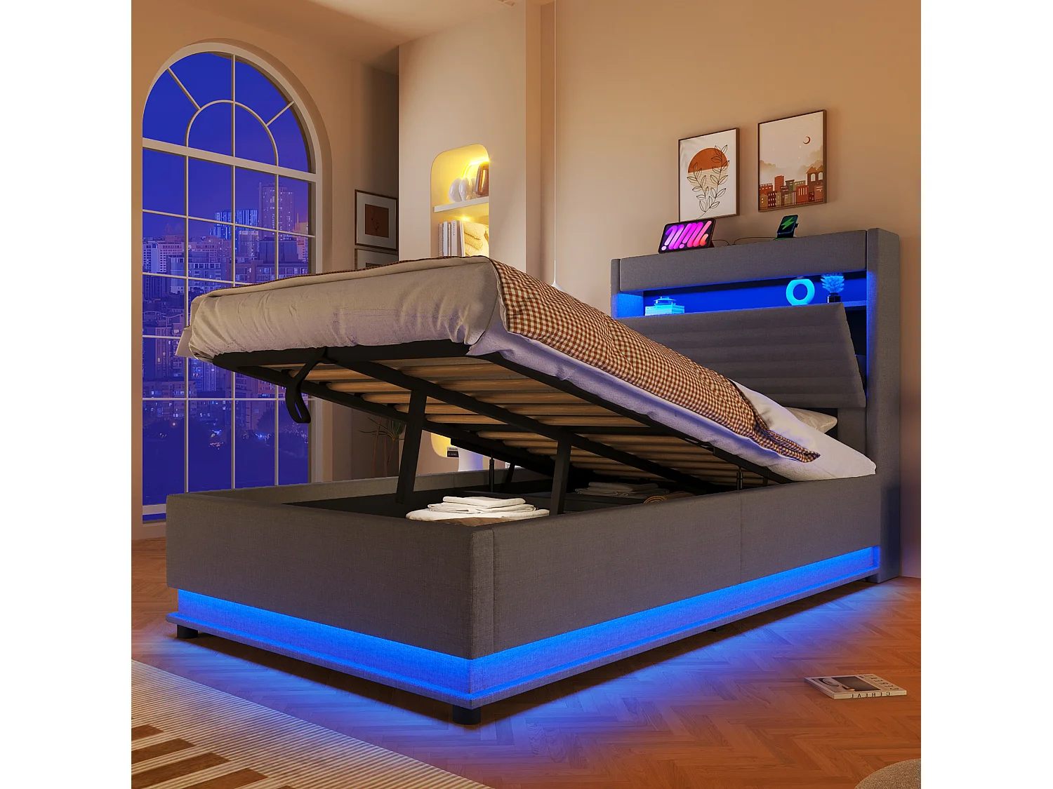 Lit coffre capitonné - 90 x 200 cm - avec USB + Leds + suspension hydraulique + tête de lit de rangement rabattable - lin - gris