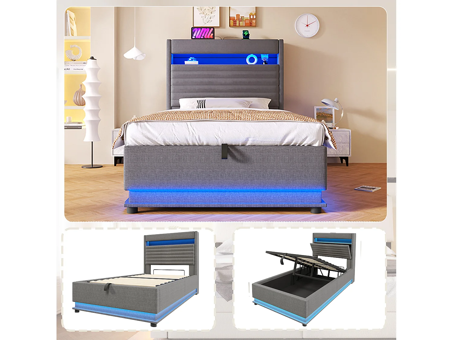 Lit coffre capitonné - 90 x 200 cm - avec USB + Leds + suspension hydraulique + tête de lit de rangement rabattable - lin - gris