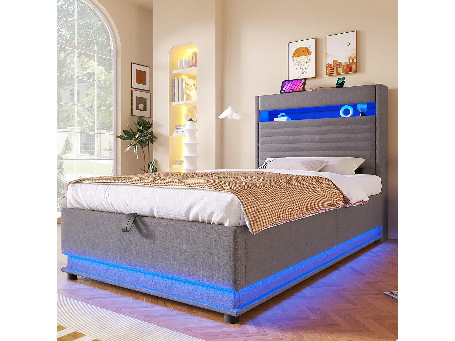 Lit coffre capitonné - 90 x 200 cm - avec USB + Leds + suspension hydraulique + tête de lit de rangement rabattable - lin - gris