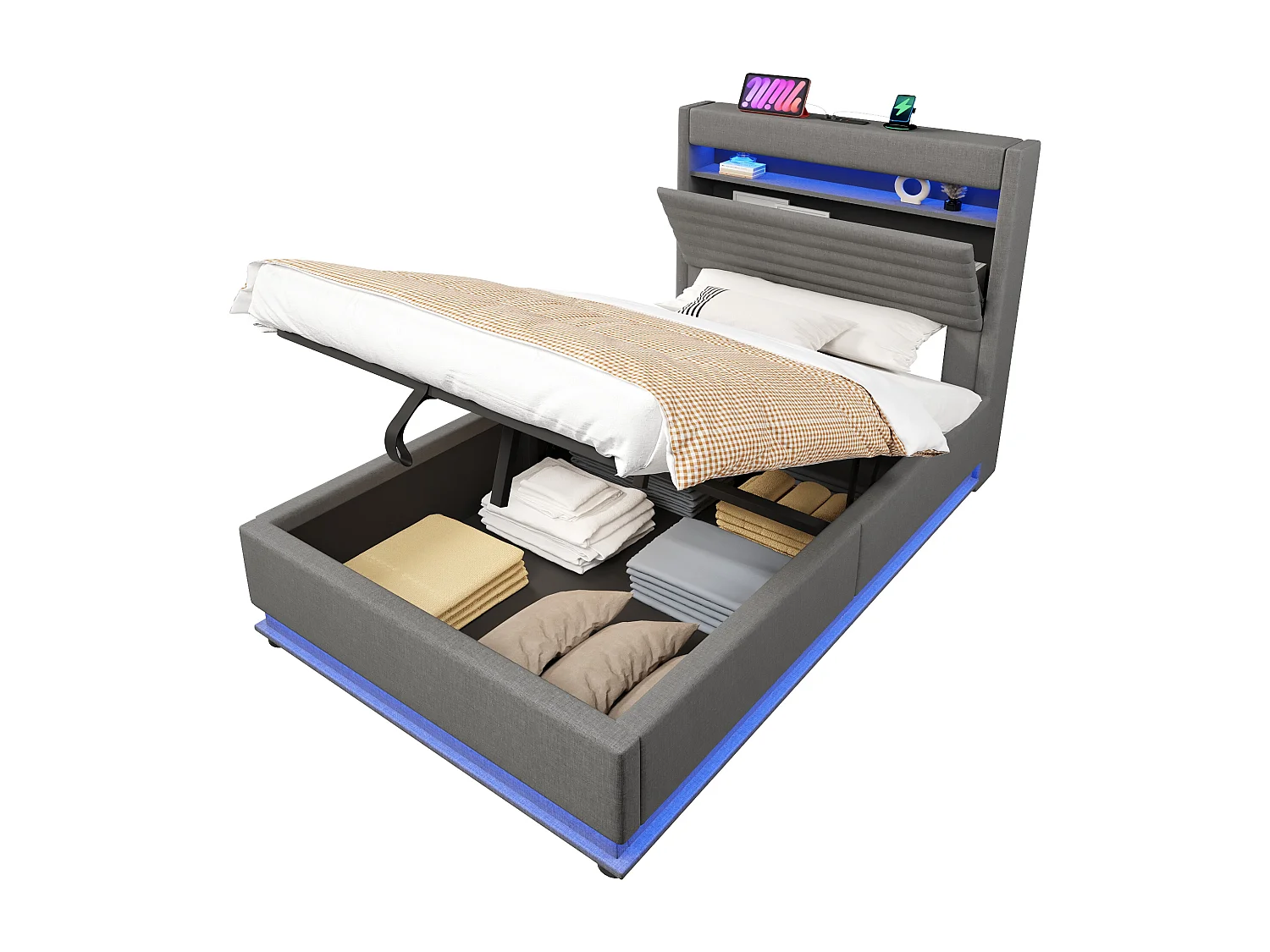 Lit coffre capitonné - 90 x 200 cm - avec USB + Leds + suspension hydraulique + tête de lit de rangement rabattable - lin - gris