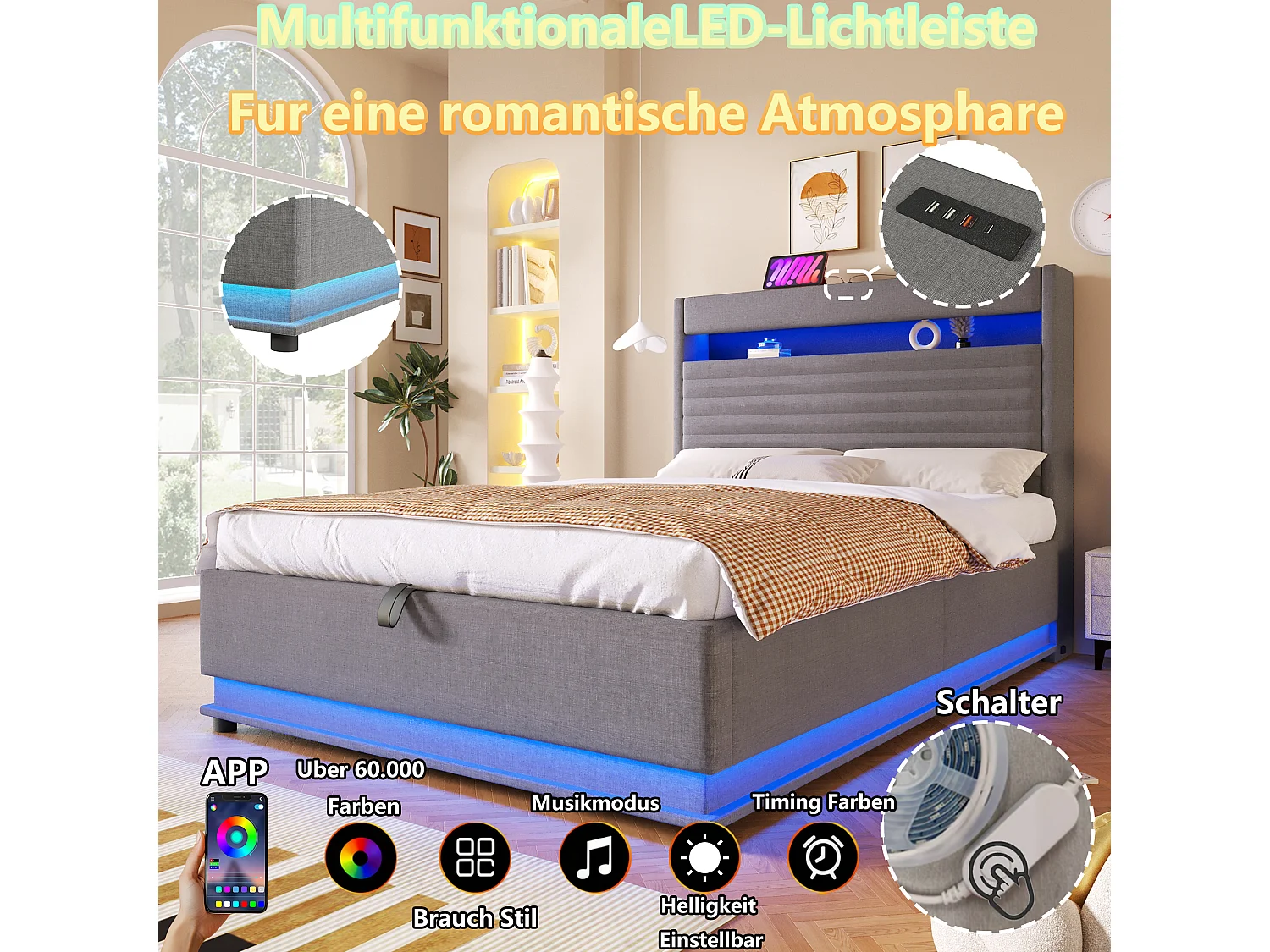 Lit coffre capitonné - 90 x 200 cm - avec USB + Leds + suspension hydraulique + tête de lit de rangement rabattable - lin - gris