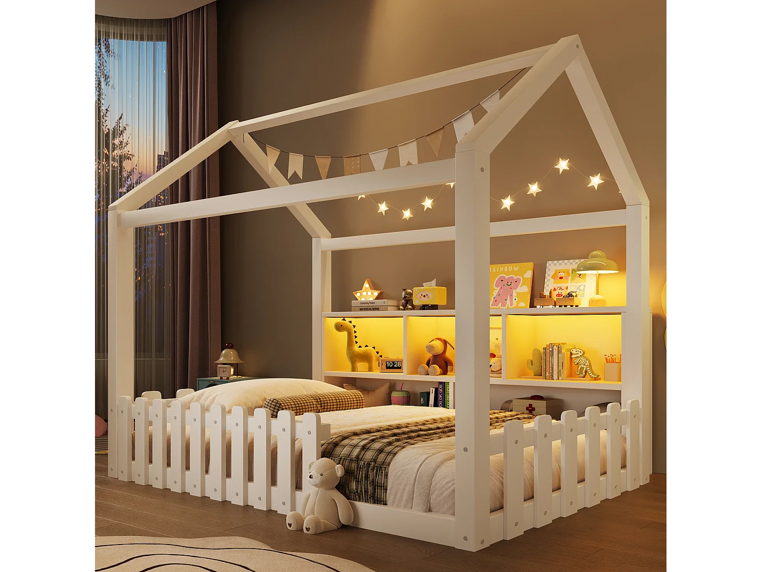 Lit plat pour enfant - 90 x 190 cm - avec barrière de sécurité + Leds + étagère de rangement - design maison - pin - blanc