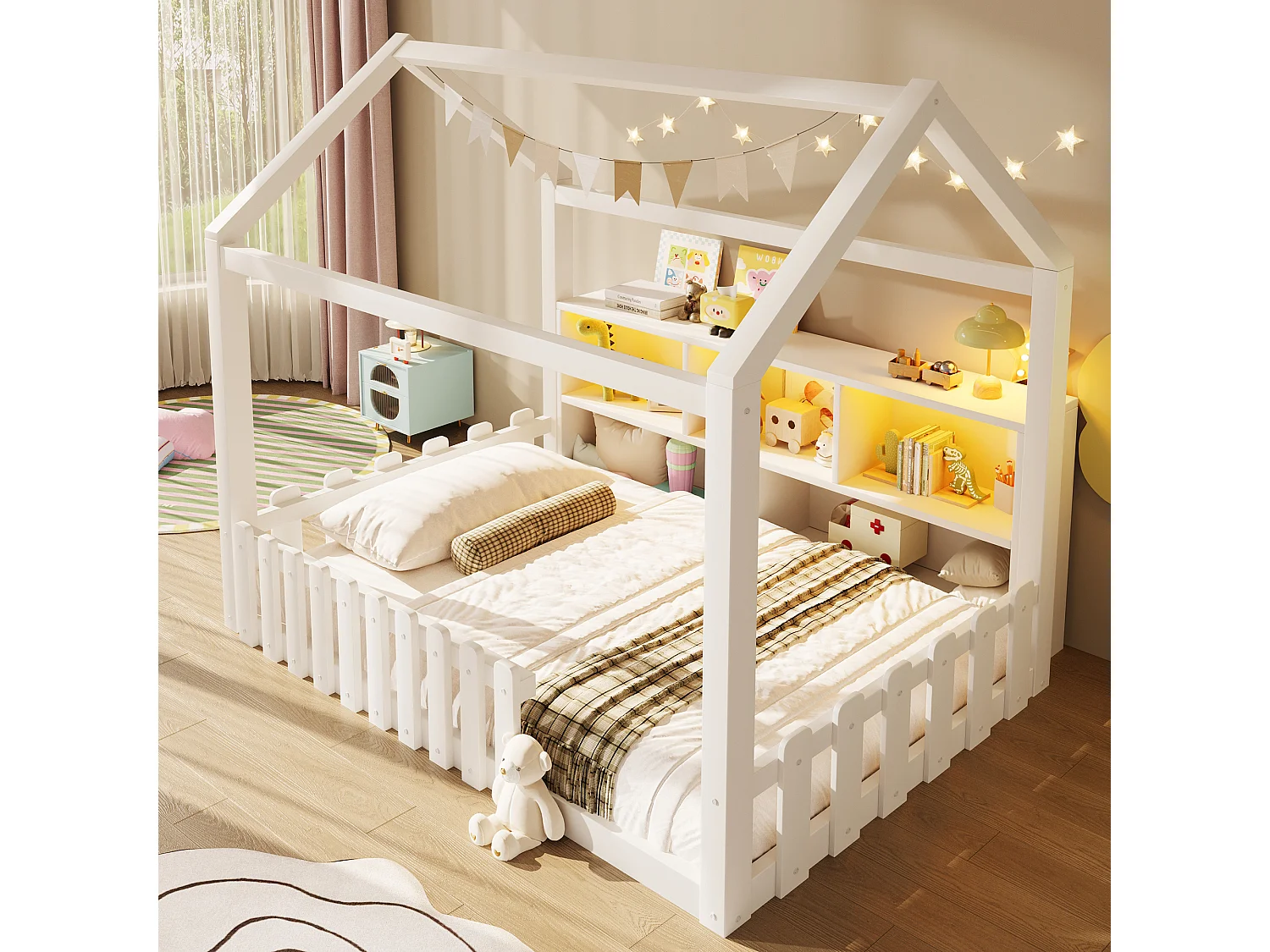 Lit plat pour enfant - 90 x 190 cm - avec barrière de sécurité + Leds + étagère de rangement - design maison - pin - blanc