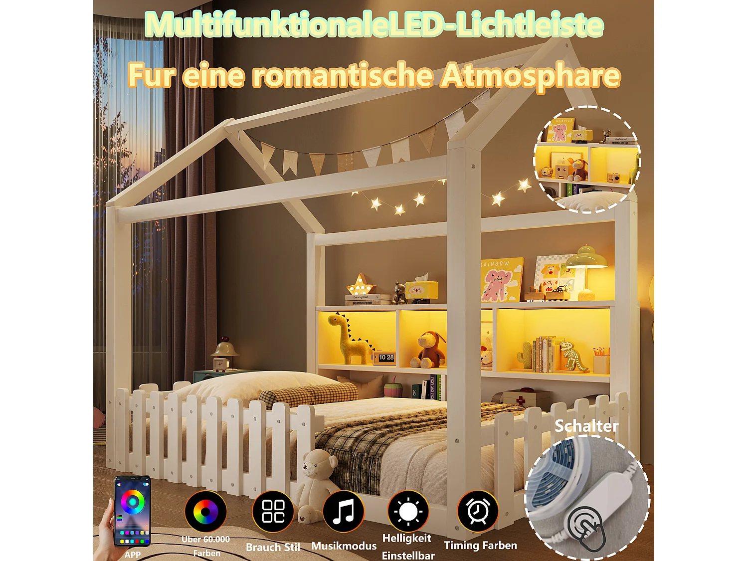 Lit plat pour enfant - 90 x 190 cm - avec barrière de sécurité + Leds + étagère de rangement - design maison - pin - blanc