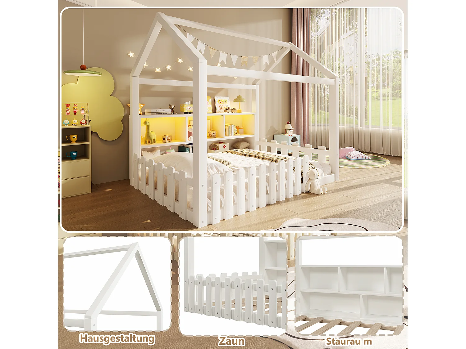 Lit plat pour enfant - 90 x 190 cm - avec barrière de sécurité + Leds + étagère de rangement - design maison - pin - blanc