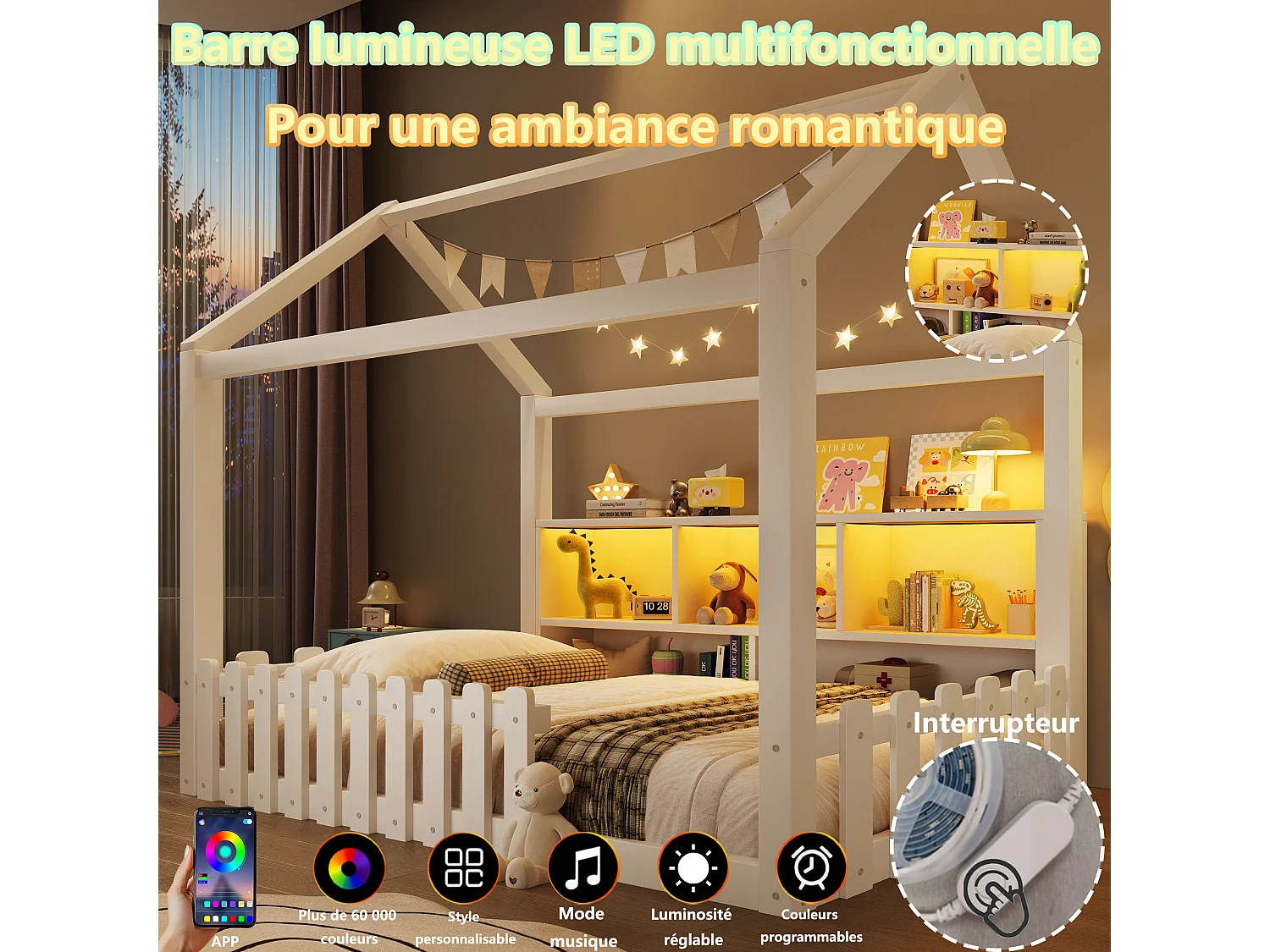 Lit plat pour enfant - 90 x 190 cm - avec barrière de sécurité + Leds + étagère de rangement - design maison - pin - blanc