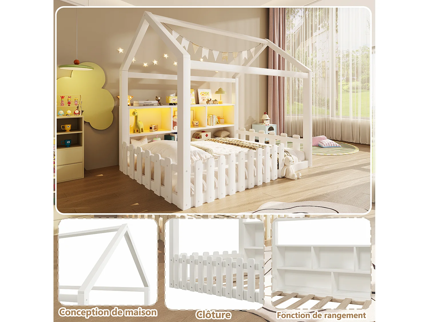 Lit plat pour enfant - 90 x 190 cm - avec barrière de sécurité + Leds + étagère de rangement - design maison - pin - blanc