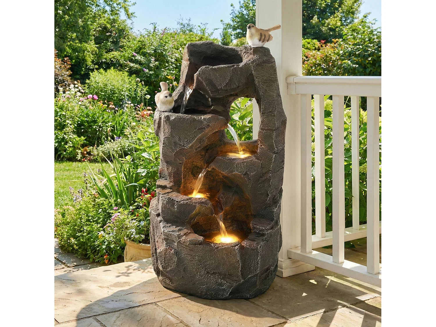 Fontaine d'extérieur pour jardin/terrasse/balcon/pelouse - 25.5 x 19 x 47 cm - avec Leds - Résine - gris