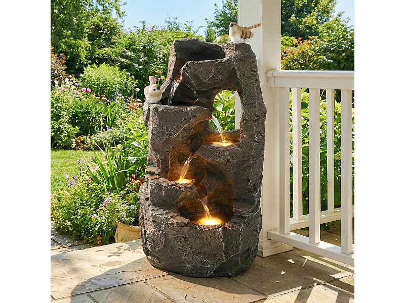 Fontaine d'extérieur pour jardin/terrasse/balcon/pelouse - 25.5 x 19 x 47 cm - avec Leds - Résine - gris