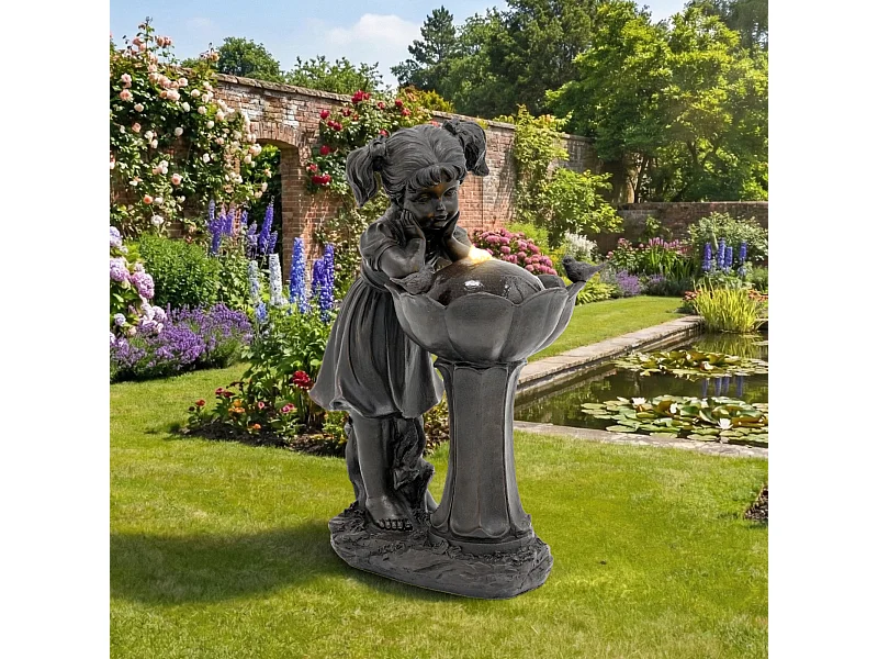 Fontaine d'extérieu avec figurine de fille pour jardin/terrasse/balco/pelouse - 42 x 30 x 65.5 cm - avec Leds - Résine - Bronze