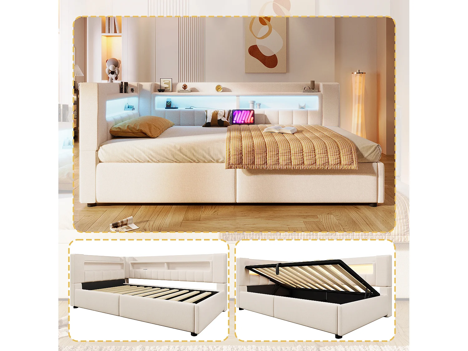 Hydraulisch opbergbare slaapbank voor kinderen - 90 x 200 cm - met USB + Type-C + LED's + opbergruimte - linnen - beige